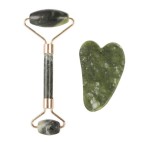 Cumpara ieftin Set Masaj Facial 2 in 1, Rola Jad Verde si Piatra Gua Sha, Detalii Aurii, Anti-Rid si Relaxare