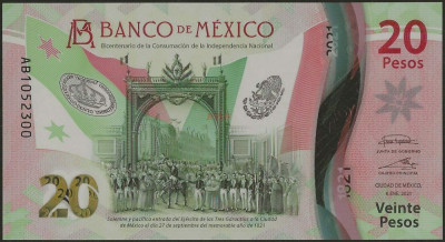 Bancnota Mexic 20 Pesos ian 2021 - PNew UNC ( polimer, comemorativa - serie AB ) foto