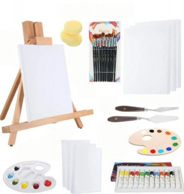 Set complet de pictura pentru copii sau adulti, kit incepatori sau avansati, sevalet de masa, din lemn + 12 tuburi vopsele acrilice tip tempera + 10 p foto