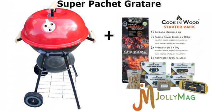 Pachet Starter afumare + Gratar gradina, grill rotund, cu roti, capac, 40x72 cm, Globus