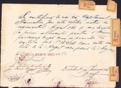 A2710N Certificat de ofițer activ &amp;icirc;n Regimentul Argeș Nr 4 pentru acordarea de rații de alimente, 1921, Pitești foto