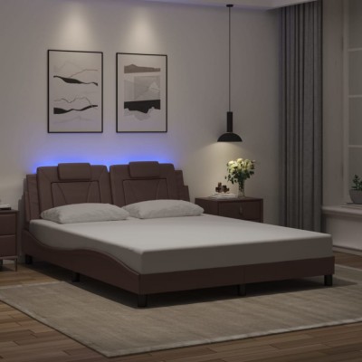 vidaXL Cadru de pat cu lumini LED, maro, 160x200 cm, piele ecologică 3214031 foto