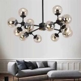 Lustra Sferă Moleculară cu 12 globuri de sticlă fumurie, dulie E27, corp negru, diametru 90cm