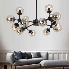 Lustra Sferă Moleculară cu 12 globuri de sticlă fumurie, dulie E27, corp negru, diametru 90cm