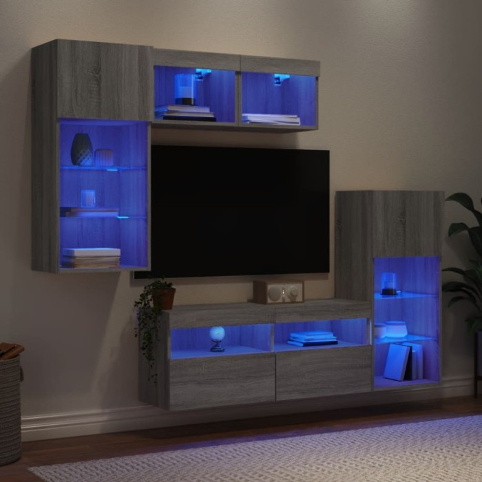vidaXL Unități de perete TV cu LED-uri, 5 piese, gri sonoma, lemn