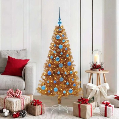 vidaXL Brad de Crăciun cu 150 LED cu suport Auriu 150 cm PET 3396619 foto