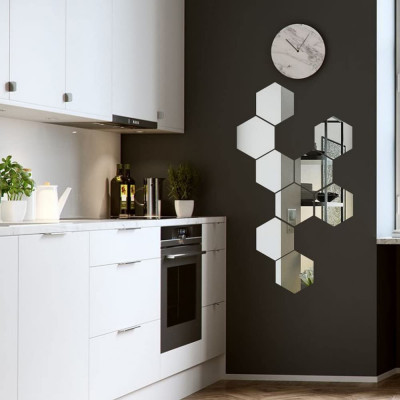 Set 10 Oglinzi din PVC Design Hexagon Modern Silver M Size - Autoadezive! foto