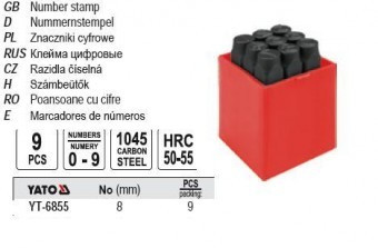 Poansoane cifre, 9 buc, 8 mm, YATO YT-6855