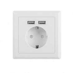 Priza schuko de perete 100V - 240V 16A, Lanberg 41442, cu 2 porturi USB 5V 2.1A, 86 x 86 x 45 mm, cu impamantare, alba