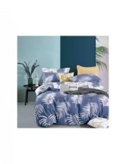 Set lenjerie de pat o persoana reversibila albastru inchis si deschis cu frunze 4 buc 155x205 cm foto