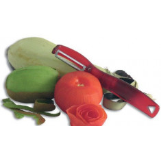 Dispozitiv pentru decojit fructe si legume cu lama mobila zimtata