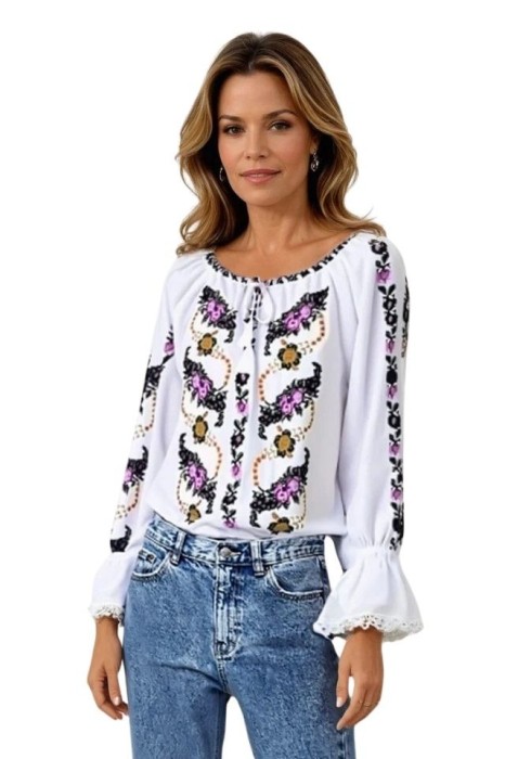 Bluza tip ie traditionala dama DEC, alb crystal/mov , marimea S