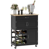 HOMCOM Cărucior de Bucătărie cu Suport pentru Sticle, 3 Uși, 4 Roți și Sertar, Dulapior de Bucătărie, 67x37x87 cm, Negru | Aosom Romania