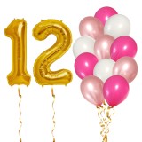 Set 14 Baloane Aniversare 12 Ani Fata Roz/Rose Gold, Cifre Aurii 81cm, Latex 30cm, Ropet