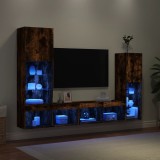 VidaXL Unități de perete TV cu LED-uri, 4 piese, stejar fumuriu, lemn