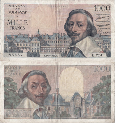 1956 (5 I), 1.000 francs (P-134a.7) - Franța foto