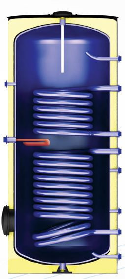 Boiler cu 2 serpentine FORNELLO SOL 300 LT 2S, pentru centrala termica si solar, montaj pe sol, izolatie termica, manta de protectie , flansa de vizit