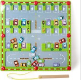 Labirint cu masini magnetice inscriptionate cu litere, parcheaza masina pe litera corecta cu pixul magnetic, 30x30x1.5cm