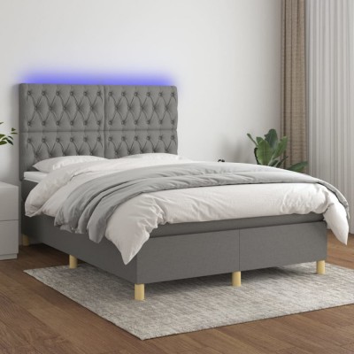 vidaXL Pat cu arcuri, saltea și LED, gri &amp;icirc;nchis, 140x190 cm, textil 3135670 foto
