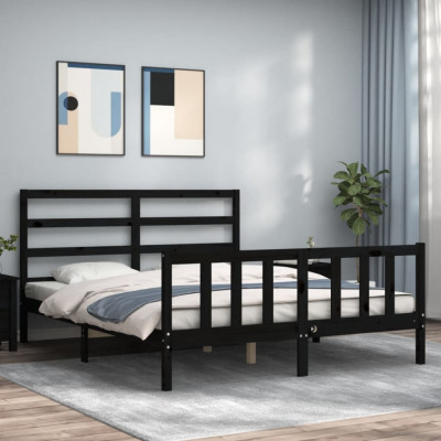 vidaXL Cadru de pat cu tăblie, negru, king size, lemn masiv foto