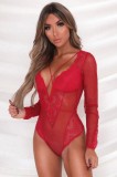 F816-3 Body sexy cu maneci lungi din plasa fina si dantela florala