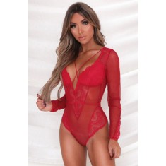 F816-3 Body sexy cu maneci lungi din plasa fina si dantela florala