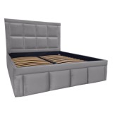 Pat tapitat Premium, 160/200 cm, gri antracit deschis 240, cu somiera metalica rabatabila si spatiu de depozitare