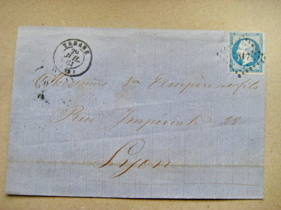 B143-I-Filatelie-Scrisoare Franta Lyon 1861 cu sigil spate stare buna. foto