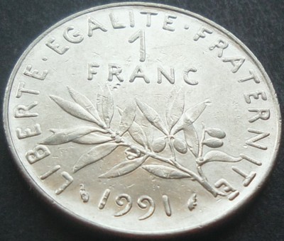 Moneda 1 FRANC - FRANTA, anul 1991 *cod 1714 B foto