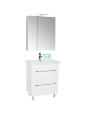 Set mobilier baie cu lavoar ceramic, GN0541, front MDF, 2 sertare, 60 cm, picioare cromate reglabile si dulap cu oglinda Celine, PAL, iluminare LED, a