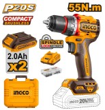 Masina de Gaurit si Insurubat 20V INGCO CDLI20558E, 55Nm, brushless, 2 viteze 0-500/2000 rpm, mandrina metalica 13 mm, 2 acumulatori 2.0Ah, incarcator