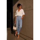 Pantaloni dama bleu cu buzunare laterale aplicate
