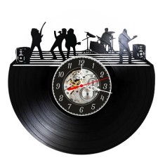 Ceas de perete decorativ realizat din disc de vinil, Model Rock Band Live, Siluete Muzicieni, Chitara, Tobe si Amplificatoare, Negru, 30 cm