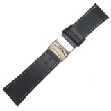 Curea Ceas Piele Naturala Neagra 30mm, Cusatura Crem, Catarama Argintie Deployant