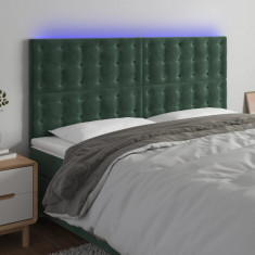 vidaXL Tăblie de pat cu LED, verde închis, 160x5x118/128 cm, catifea