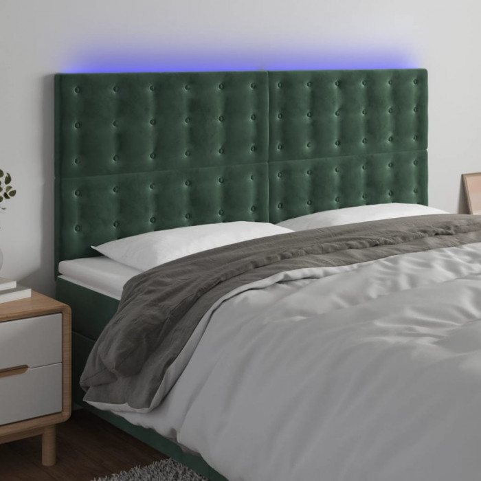 Tablie de pat cu LED, verde &icirc;nchis, 160x5x118/128 cm, catifea GartenMobel Dekor