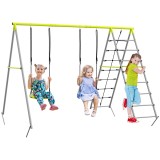 Outsunny 4 &icirc;n 1 balansoar portic pentru copii cu 2 șezlonguri de balansoar, scară cățărătoare și plasă de escaladă verde | Aosom Romania