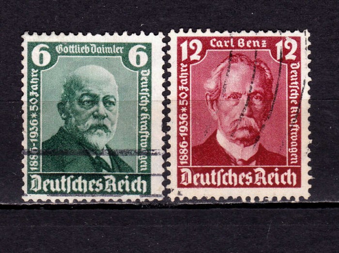 ✅ (S43) Germania Reich 1936 &quot;Automobilul 50 de ani Daimler - Benz &quot; serie completa Michel 604/605, stampilate
