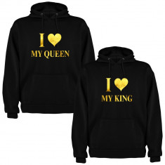 Set 2 Hanorace cuplu I love My King si I love My Queen, negru/auriu foto