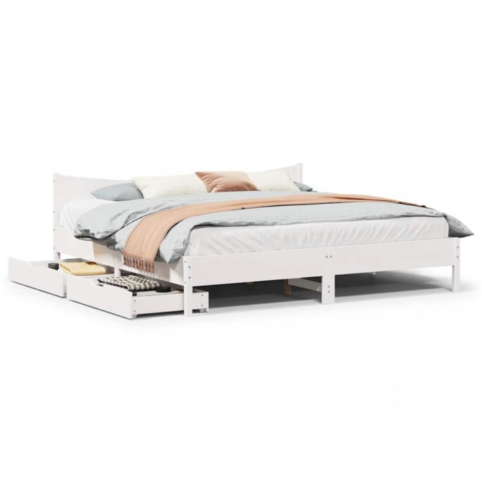 vidaXL Cadru de pat cu sertare, alb, 200x200 cm, lemn masiv de pin 3301894