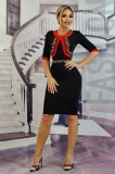 Rochie Eleganta Brodata Flori, Maneci Trei Sferturi, Negru/Rosu. Rochie de Seara Fabricata in Romania. Marimi: S/M, M, M/L, L
