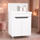Baza si lavoar ceramic GN7561, mobilier baie stativ 60 cm, front MDF, 2 usi, 1 raft, picioare cromate reglabile, alb antracit