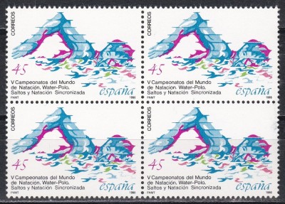 Spania 1986- C.M. de &amp;icirc;not, polo pe apă, scufundări și &amp;icirc;not sincron,Bloc de 4,MNH foto