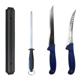 Cumpara ieftin Set cutite profesionale de macelarie, filetat, transat, dezosat, 2 cutite, otel carbon, suport magnetic, masat pentru ascutit