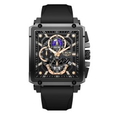 Ceas Barbati Lige 89217 Negru-auriu , Design Sport, Functii Multiple, Cronograf, Rezistent la socuri, Rezistent la Apa 3ATM