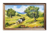 Tablou inramat peisaj celebru pictat manual Car cu boi, 110x70cm ulei pe panza, reproducere Nicolae Grigorescu