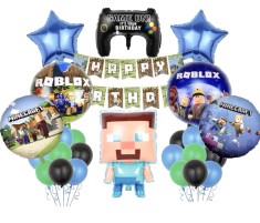 Set De 24 Baloane Figurine folie MineCraft 67 cm, Baloane Latex 30 cm,Folie rotunda 45 cm, stegulete decorative, Verde si Albastru