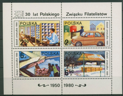 Polonia, bloc, 1980, ziua marcii postale, transporturi, masina, MNH** foto