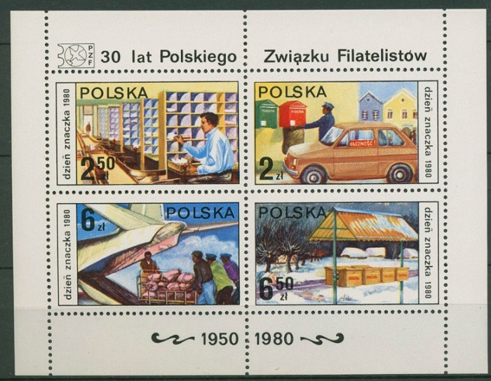Polonia, bloc, 1980, ziua marcii postale, transporturi, masina, MNH**