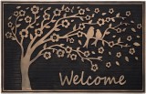 Covoras intrare din cauciuc antiderapant, Welcome, model copac inflorit si pasari, 75x45 cm